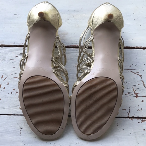 Golden Kitten Heel Leather Gladiator Sandals - Picture 4 of 10